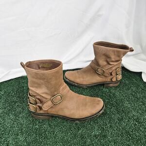 Lucky Brand Women's Norton Boots Size 8.5 Tan Leather Moto Biker Bootie Slouch